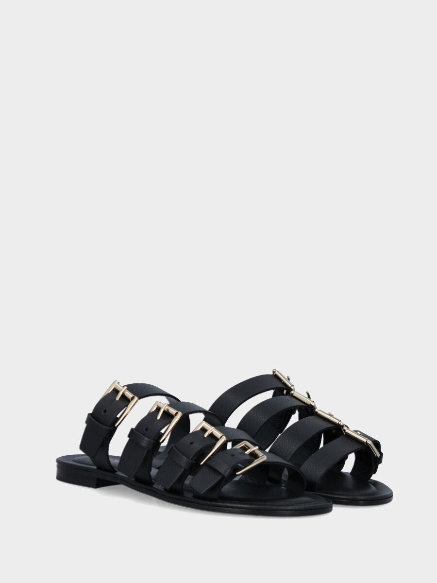 Black leather slipper with four buckles