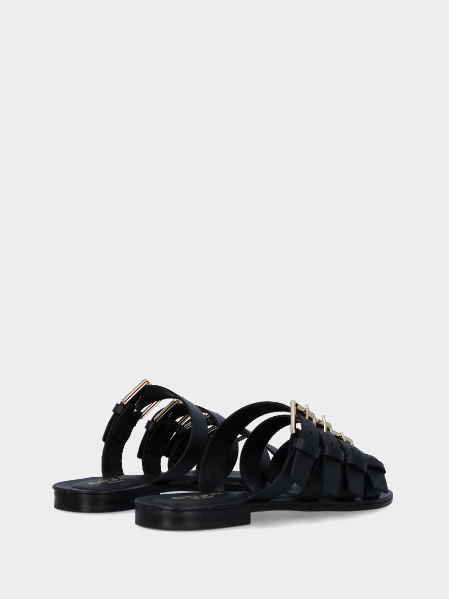 Black leather slipper with four buckles