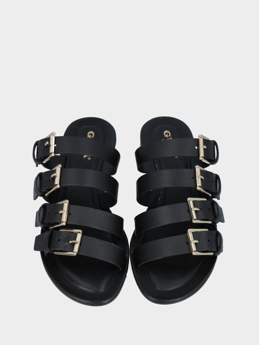 Black leather slipper with four buckles