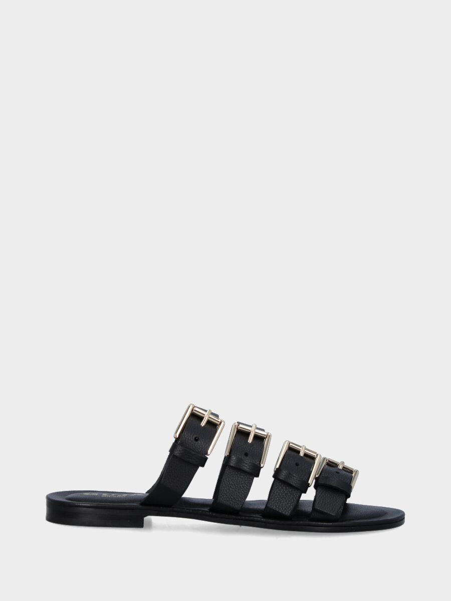 Black leather slipper with four buckles
