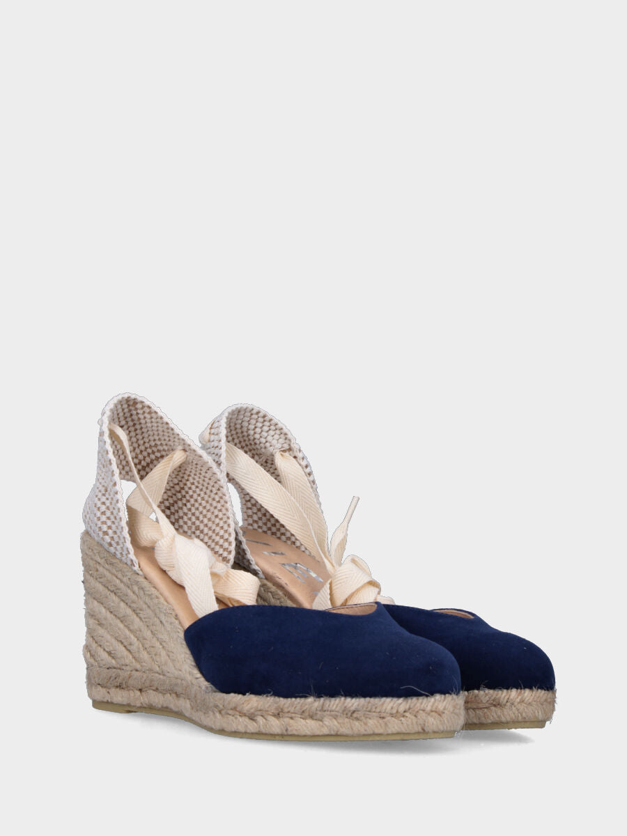 Blue leather peasant shoe with ankle strap