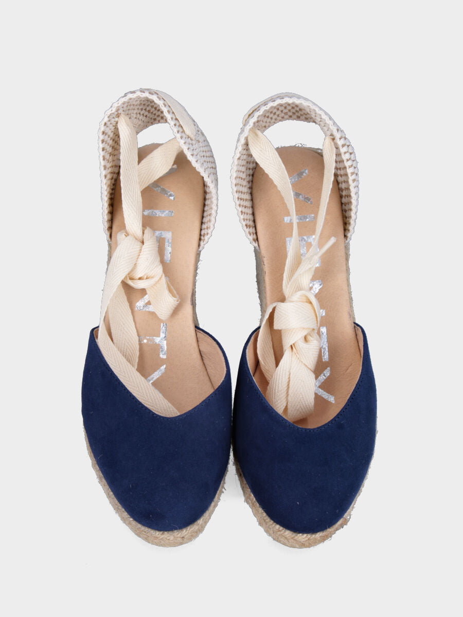Blue leather peasant shoe with ankle strap