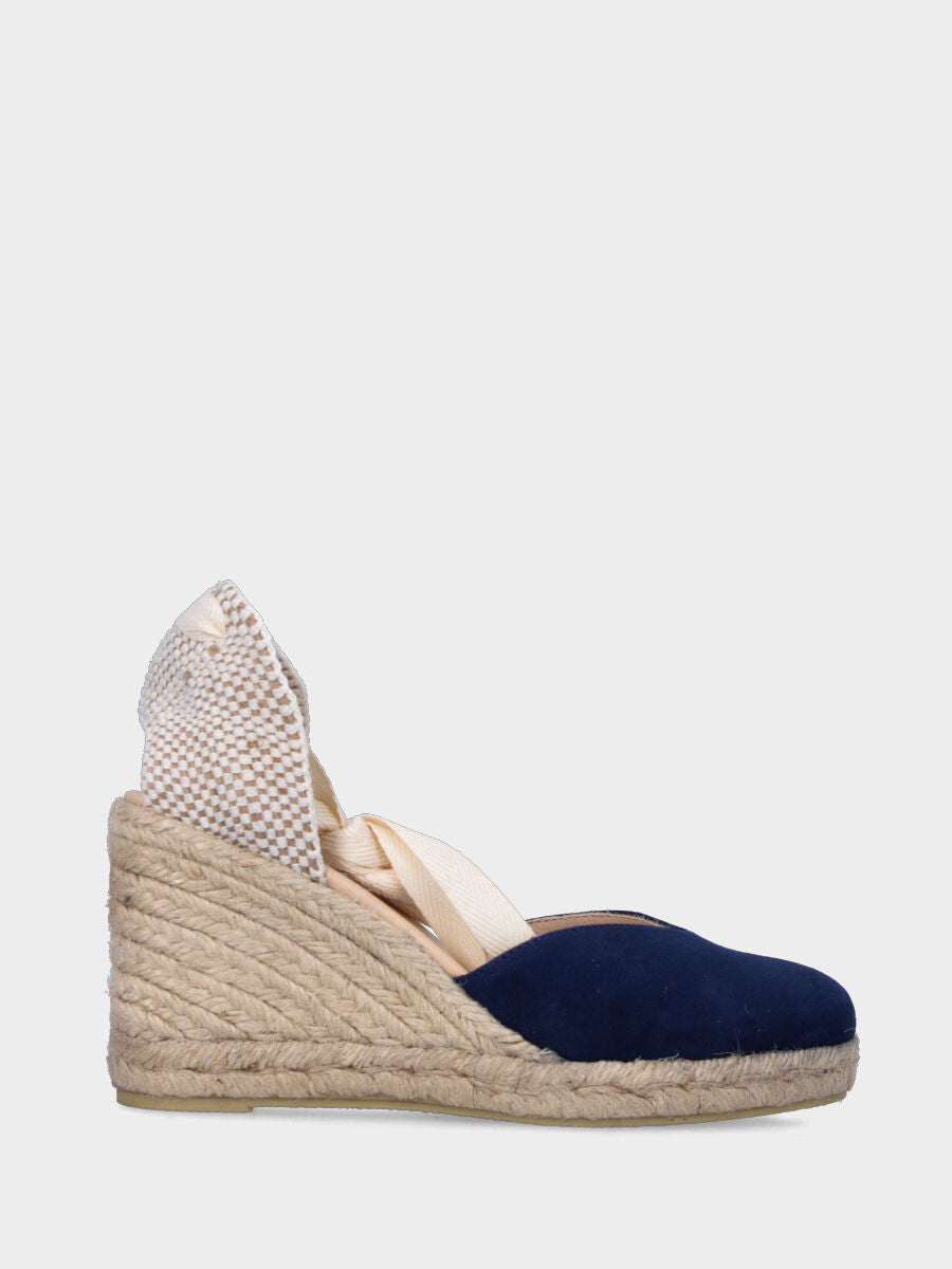Blue leather peasant shoe with ankle strap