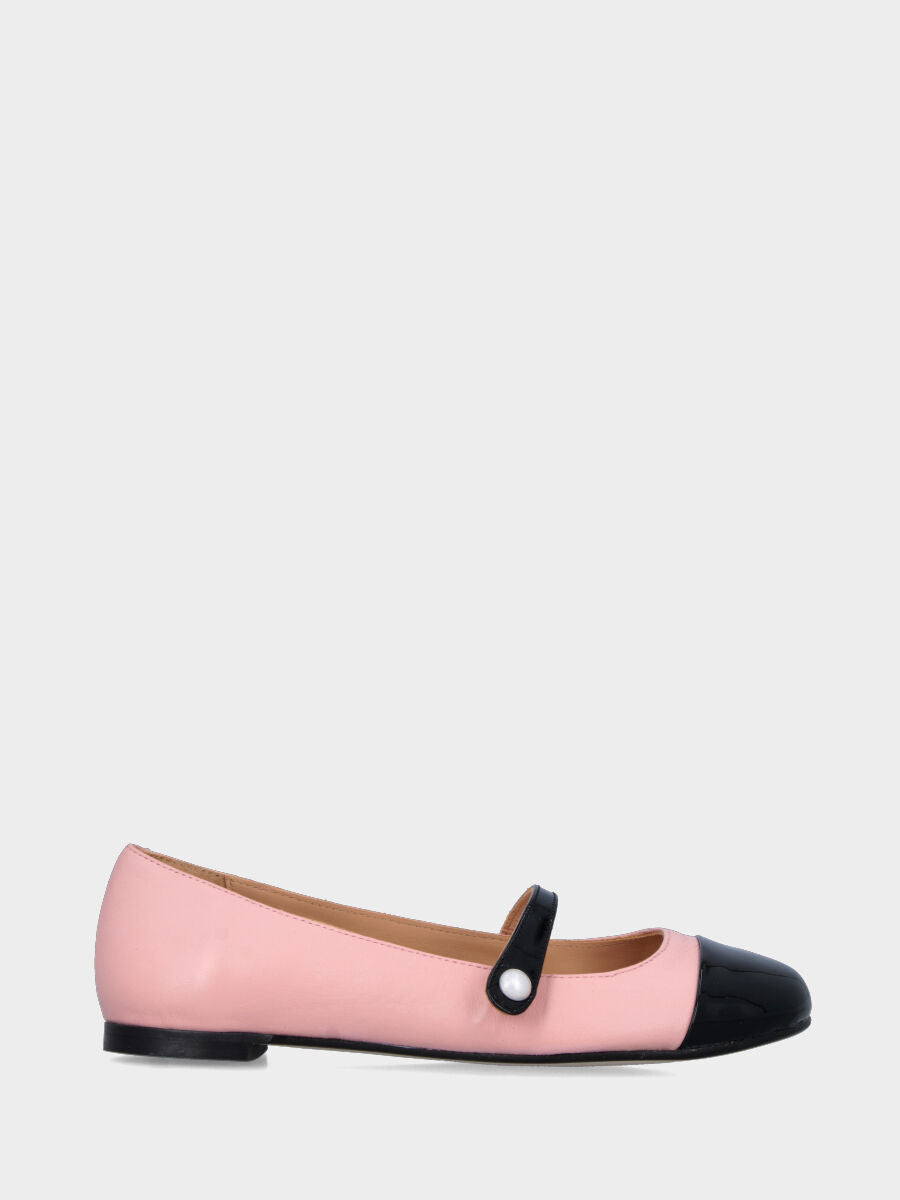 Pink leather ballet flat with black patent toe cap