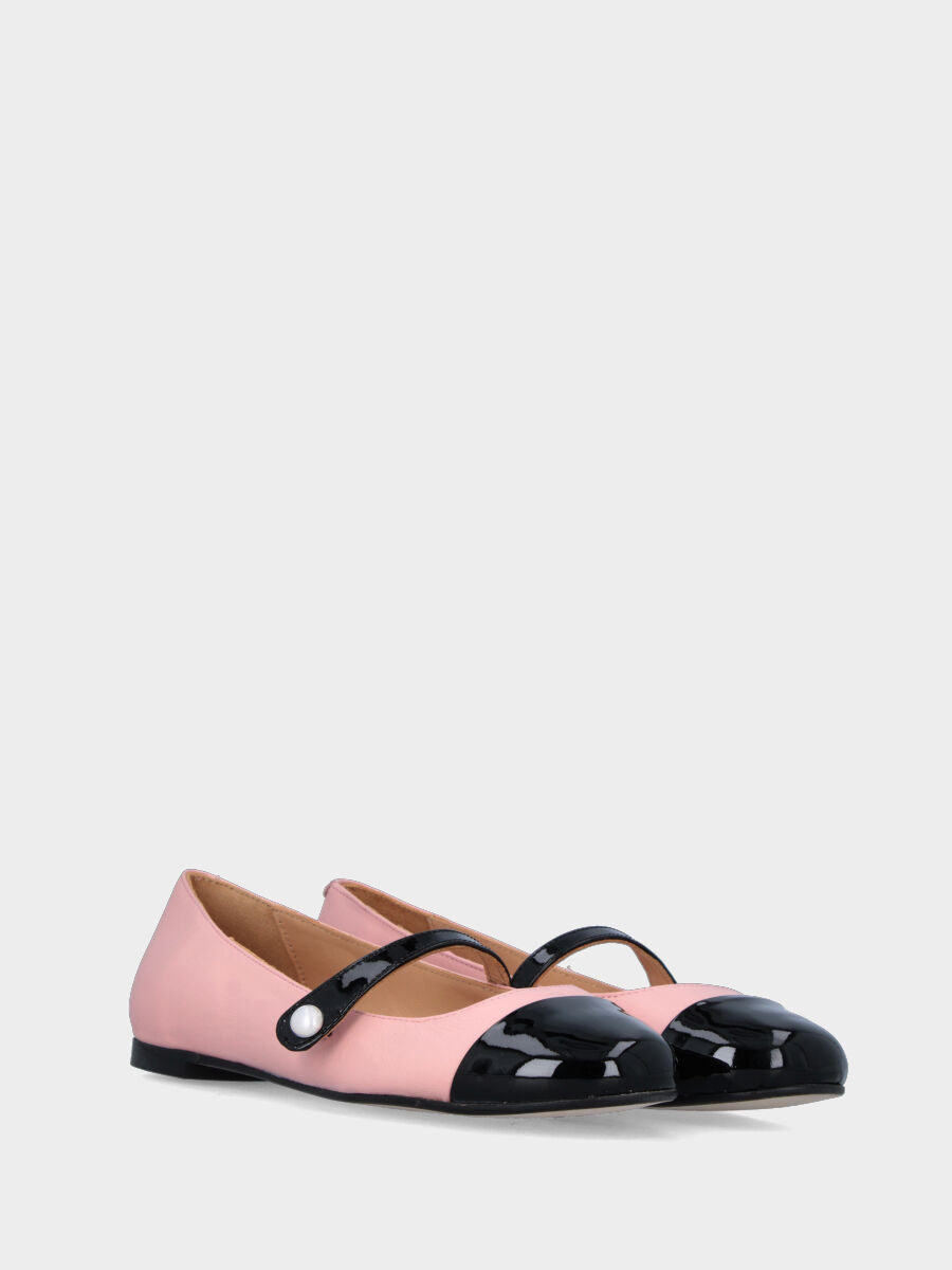 Pink leather ballet flat with black patent toe cap