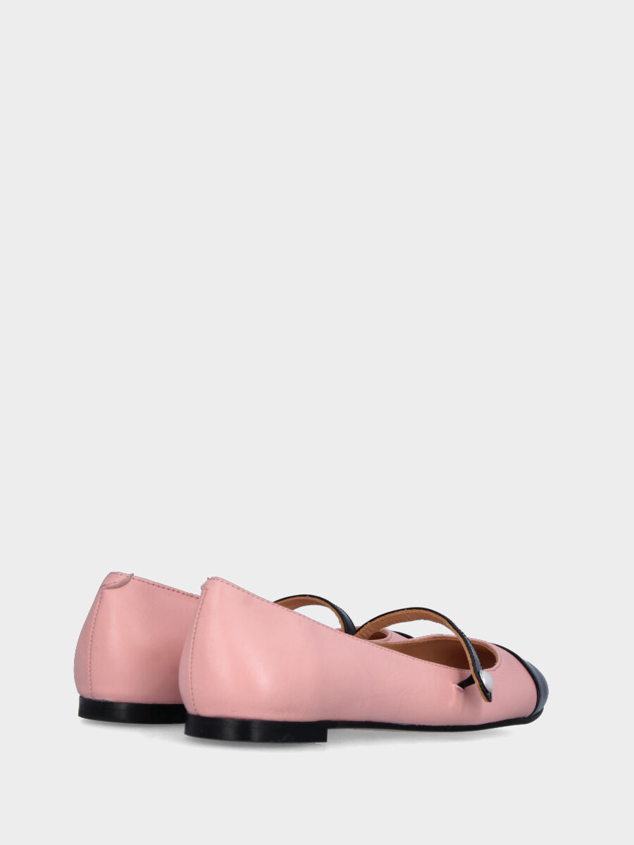 Pink leather ballet flat with black patent toe cap