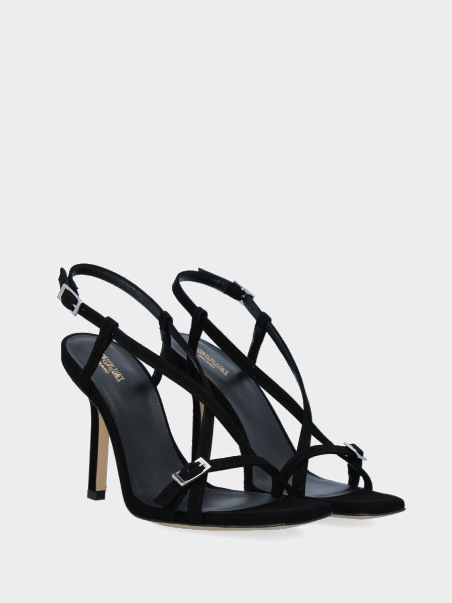 Sandalo nero in pelle con fascette incrociate e fibbie