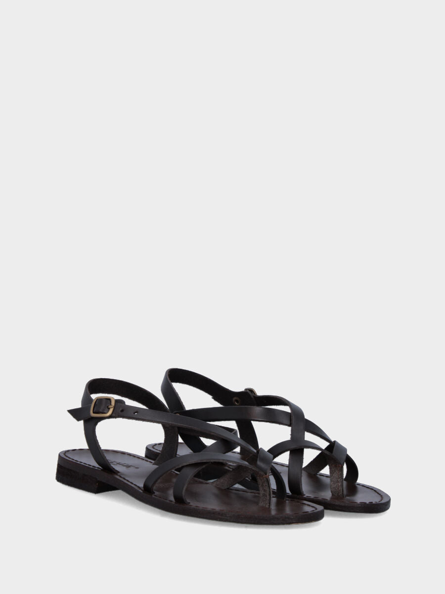 Sandalo marrone in pelle con cinturini a ragnetto