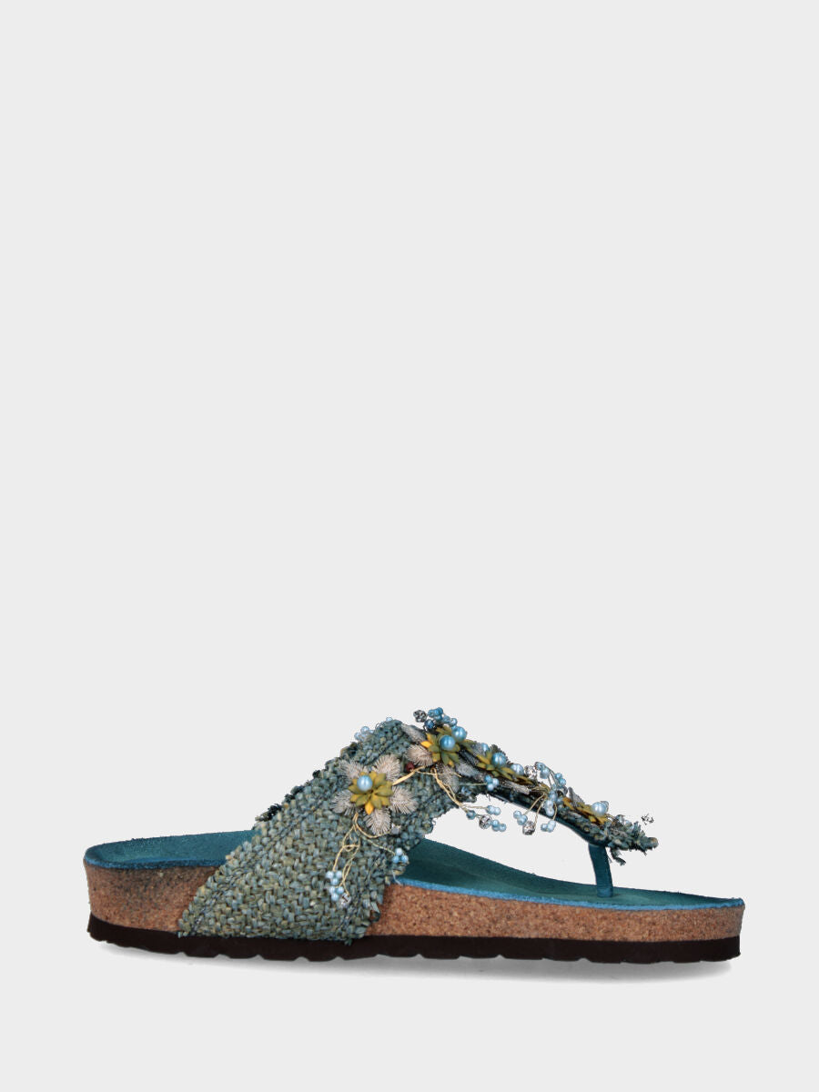 Blaue Riemchensandalen aus Raffia mit Blümchen- und Blätterband