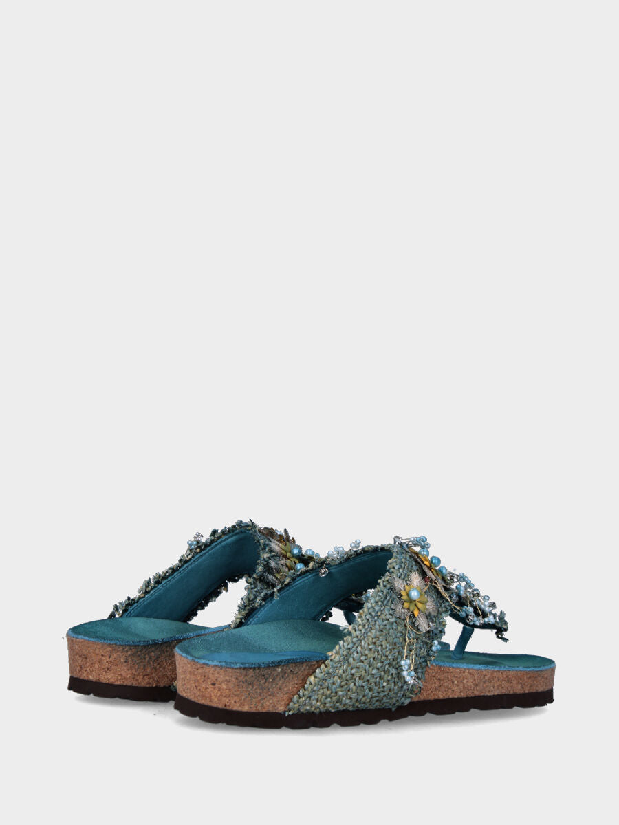 Blaue Riemchensandalen aus Raffia mit Blümchen- und Blätterband