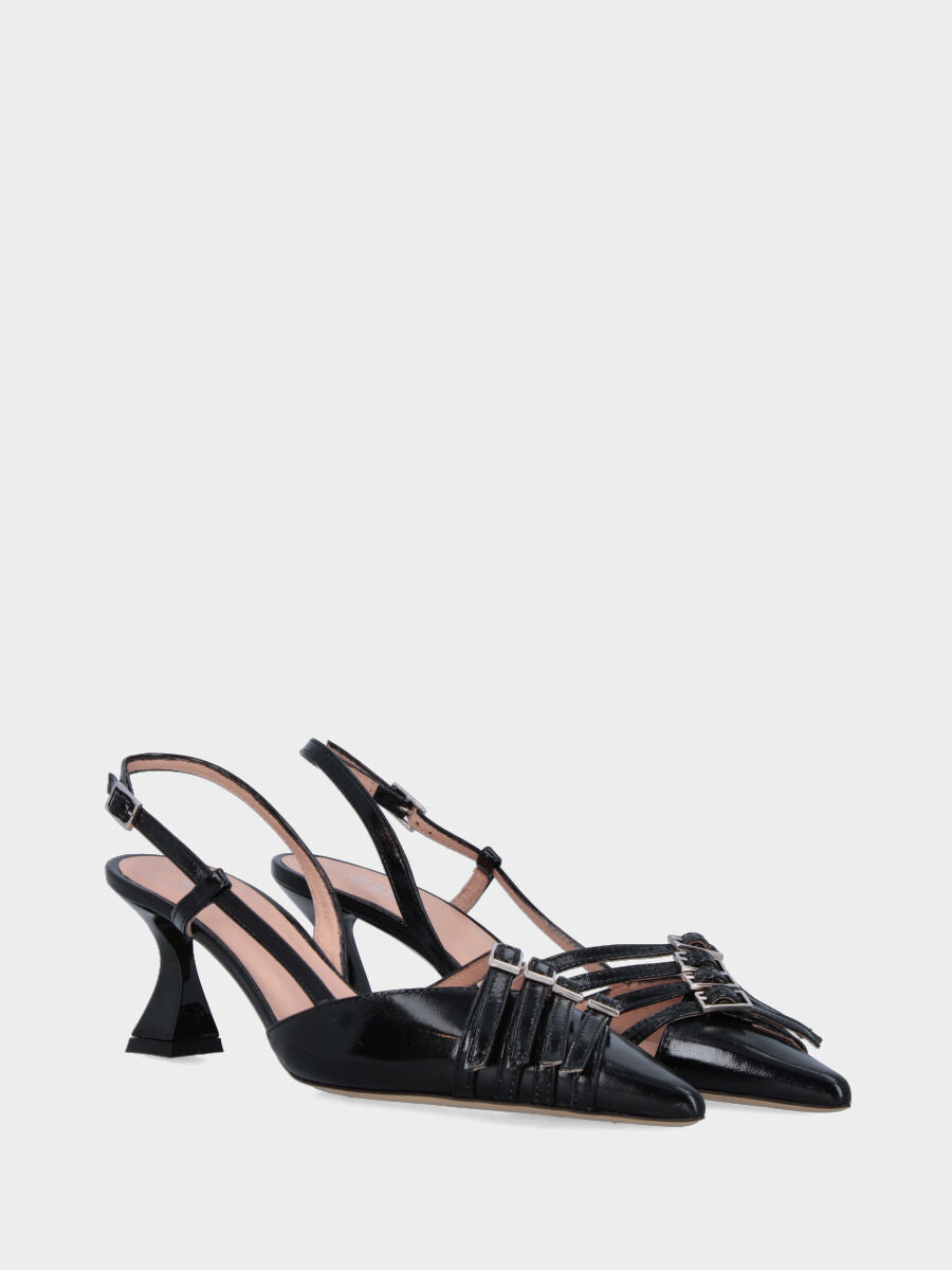 Slingback in vitello abrasivato nero con cinturini a V