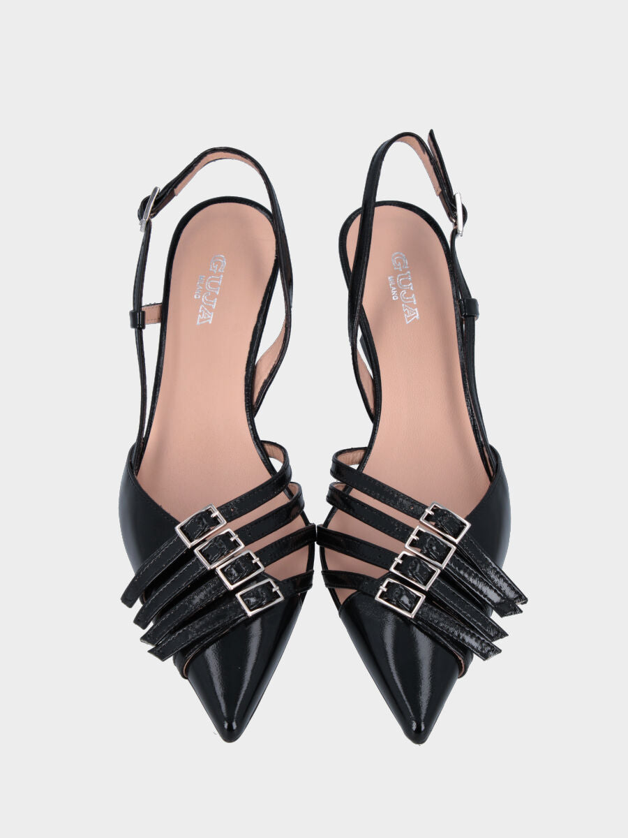 Slingback in vitello abrasivato nero con cinturini a V