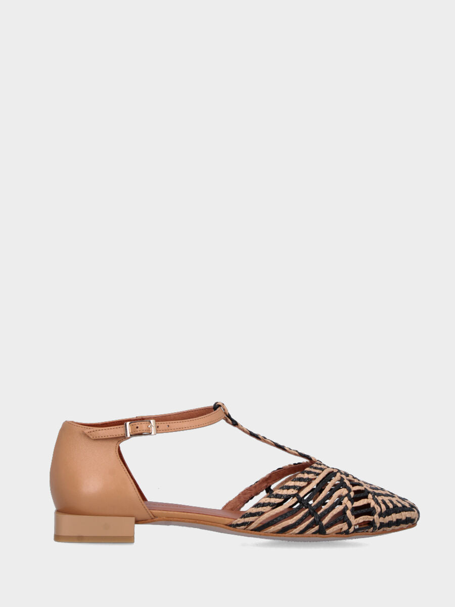 Ballerina Charleston aus beigem Raffia, geflochten und mit abgerundeter quadratischer Spitze