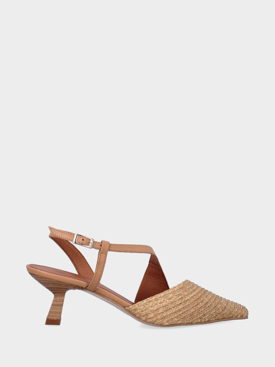Slingback in rafia beige, tacco a rocchetto