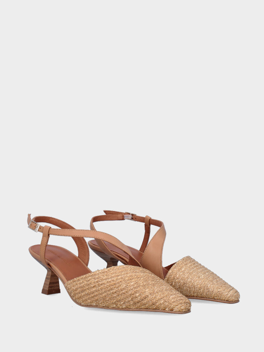 Slingback in rafia beige, tacco a rocchetto