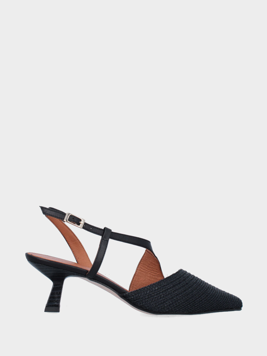 Slingback in rafia nera, tacco a rocchetto