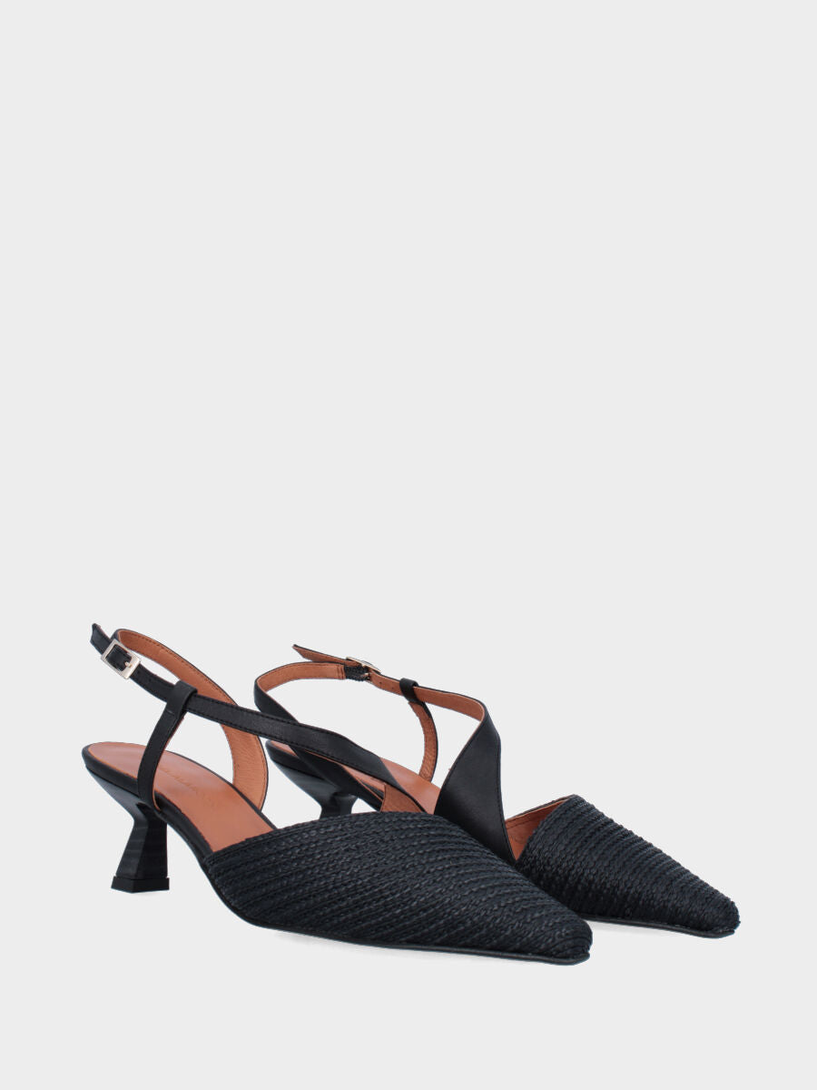 Slingback in rafia nera, tacco a rocchetto
