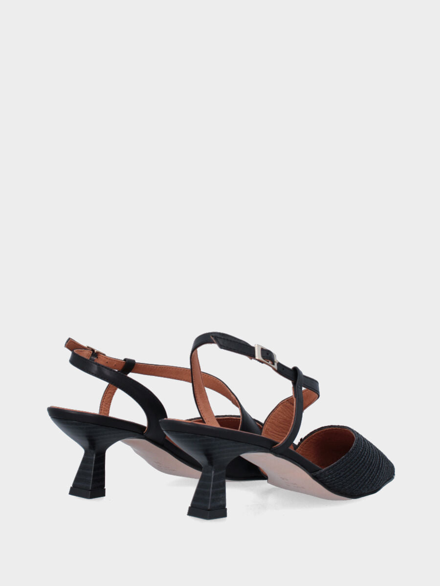 Slingback in rafia nera, tacco a rocchetto