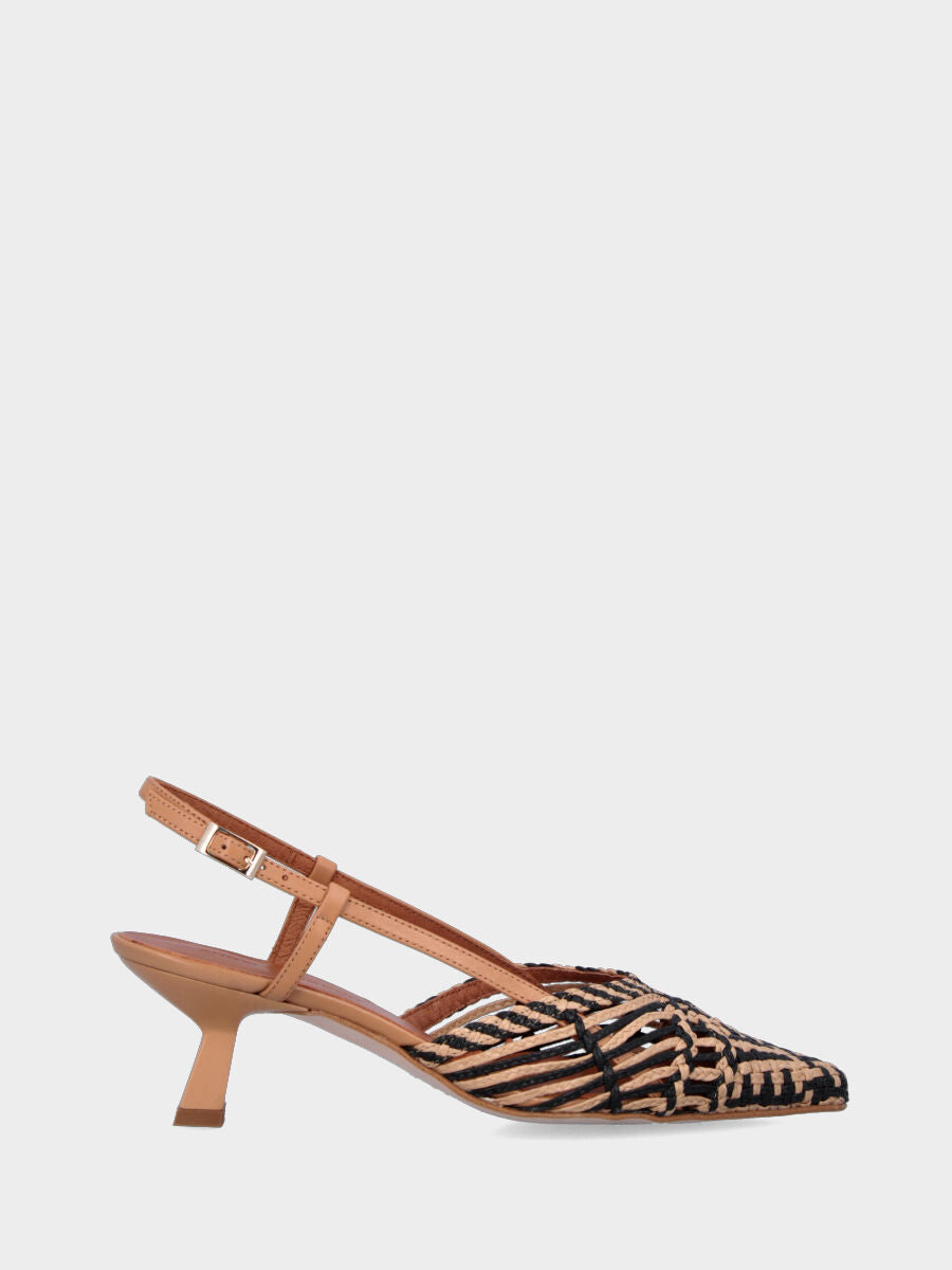 Slingback in rafia beige con intreccio e tacco a rocchetto