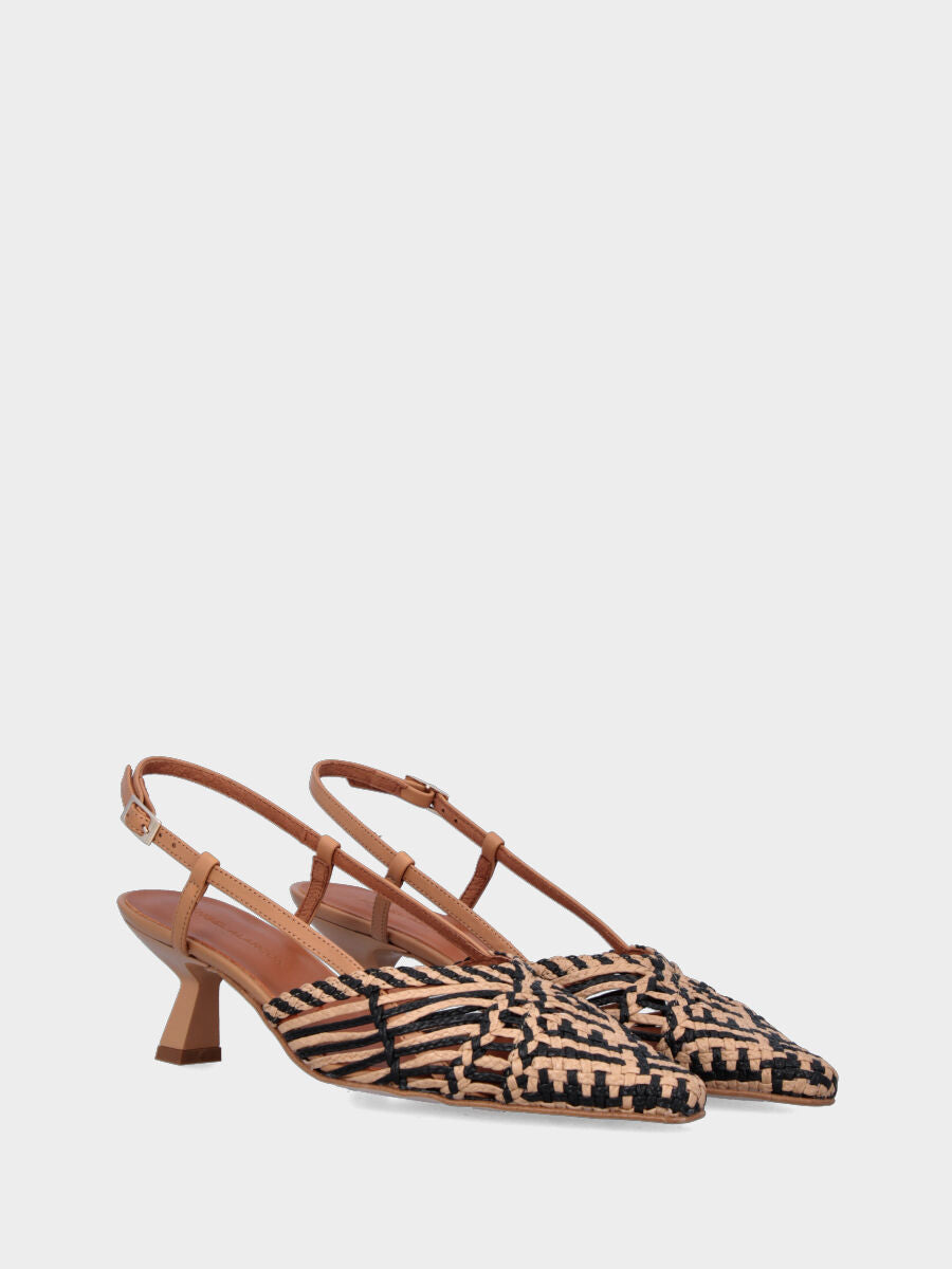 Slingback in rafia beige con intreccio e tacco a rocchetto