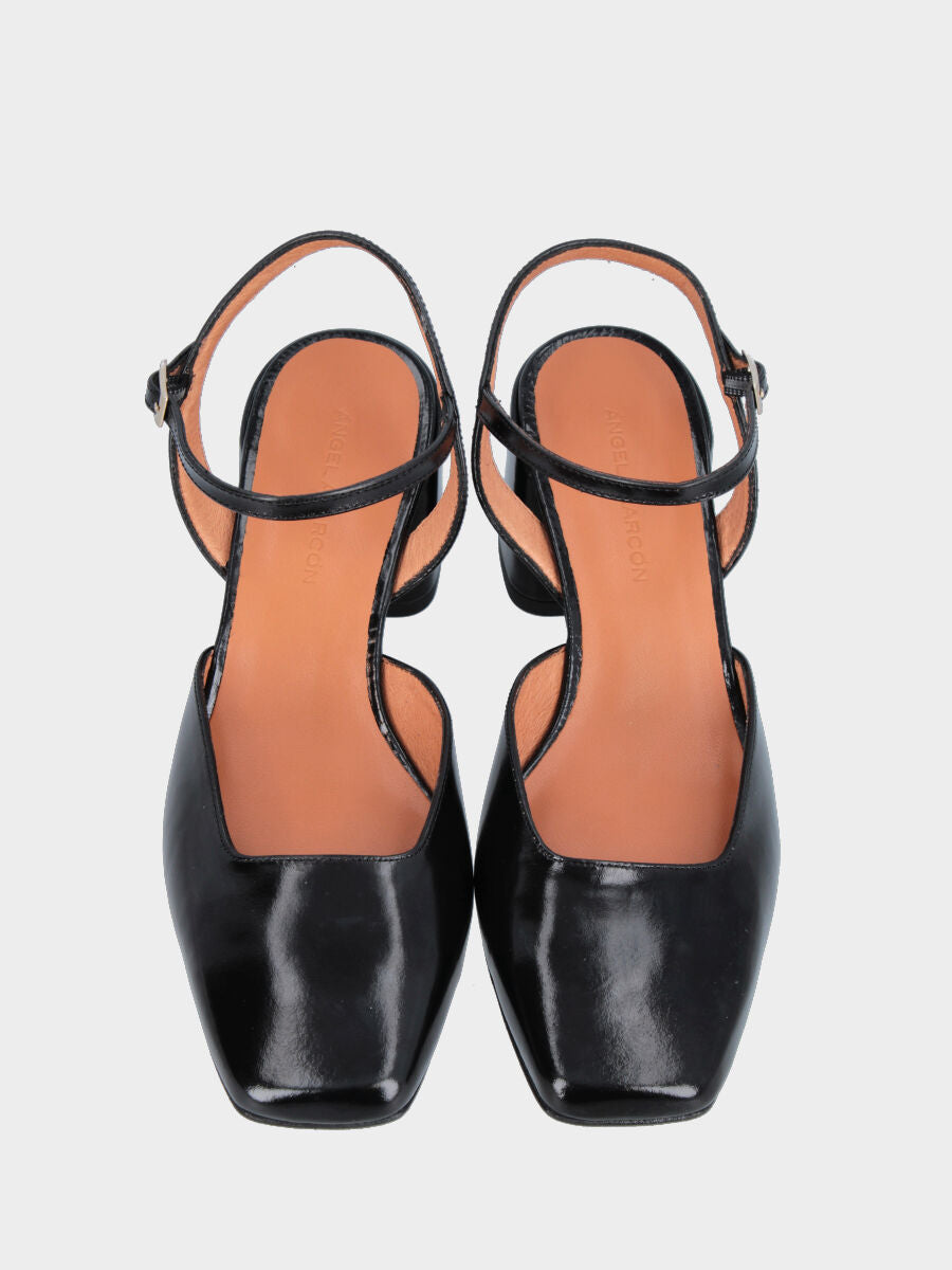 Slingback in naplak nero con cinturino a pipetta e tacco 50 mm