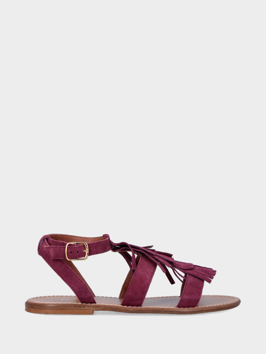 Sandalo in velour bordeaux con tripla frangia e tacco flat