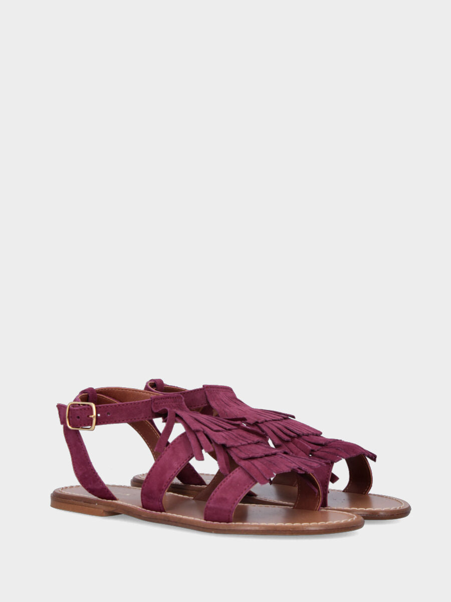 Sandalo in velour bordeaux con tripla frangia e tacco flat