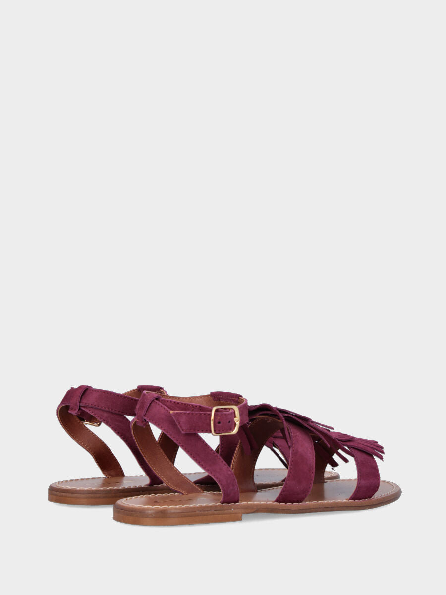 Sandalo in velour bordeaux con tripla frangia e tacco flat