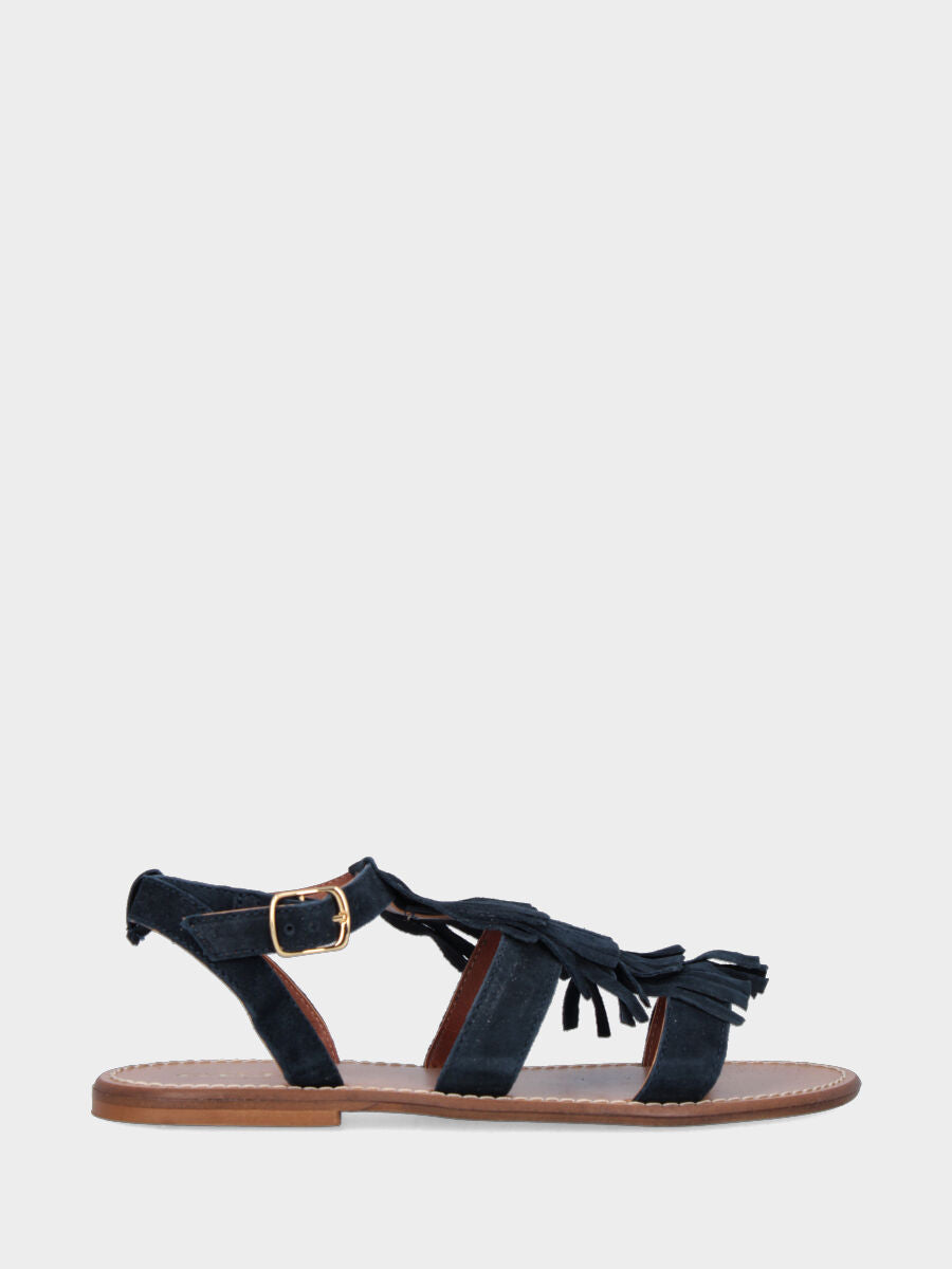 Sandalo in velour blu navy con tripla frangia e tacco flat