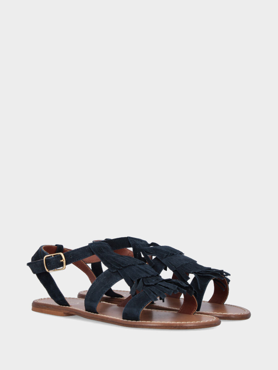 Sandalo in velour blu navy con tripla frangia e tacco flat