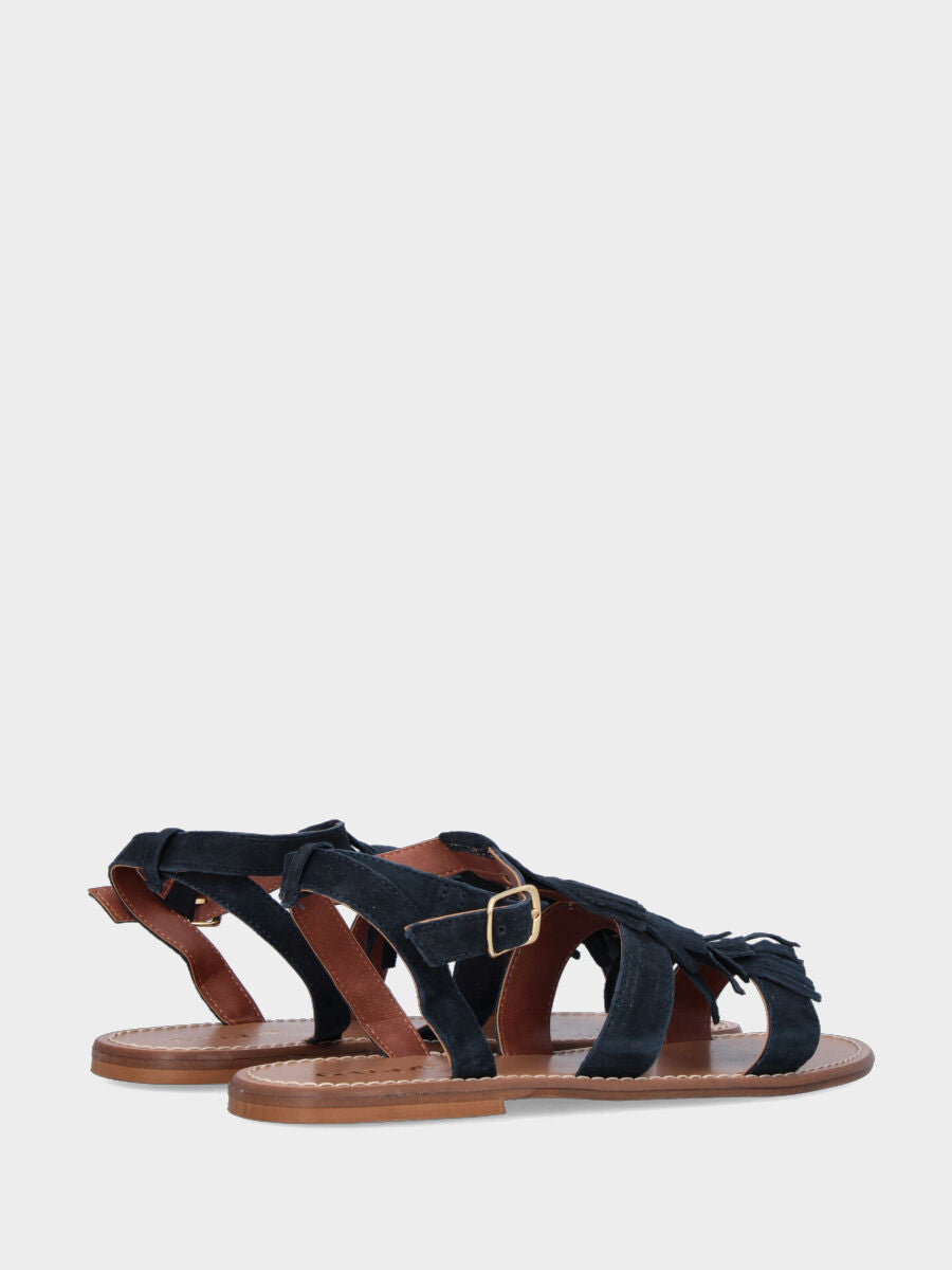 Sandalo in velour blu navy con tripla frangia e tacco flat