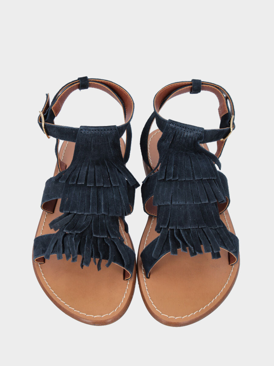 Sandalo in velour blu navy con tripla frangia e tacco flat