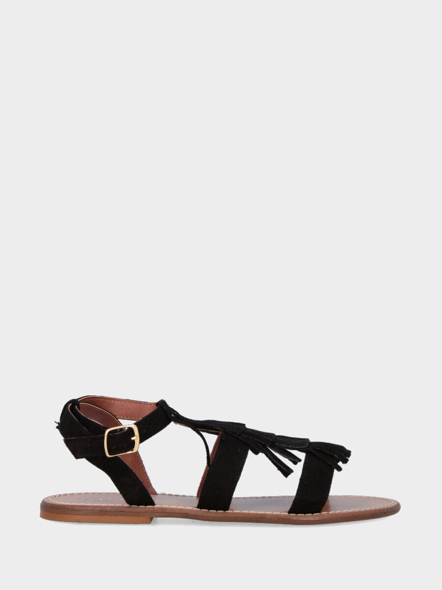 Sandalo in velour nero con tripla frangia e tacco flat