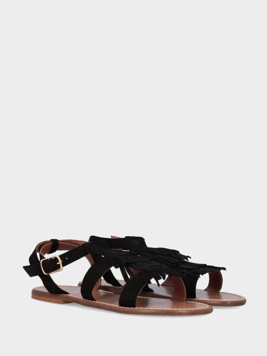 Sandalo in velour nero con tripla frangia e tacco flat