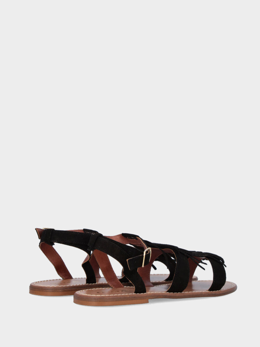 Sandalo in velour nero con tripla frangia e tacco flat