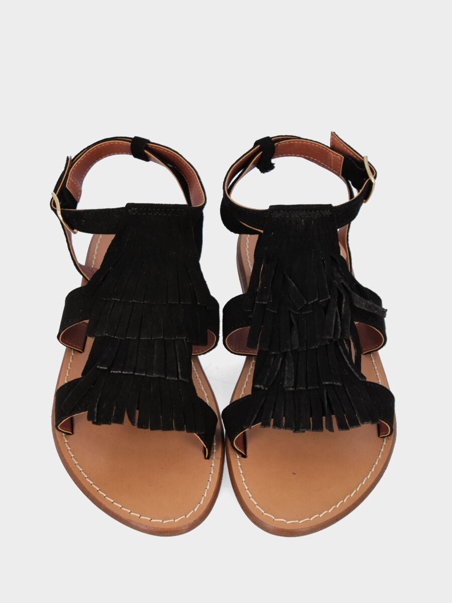 Sandalo in velour nero con tripla frangia e tacco flat