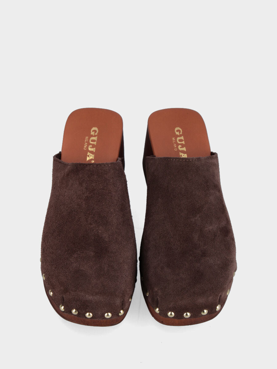 Zoccolo a sabot in velour testa di moro con zeppa incavata