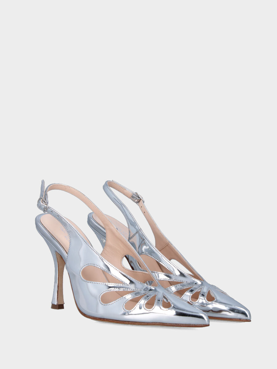 Slingback aus silbernem Laminat mit offenem Tropfen-Oberschuh