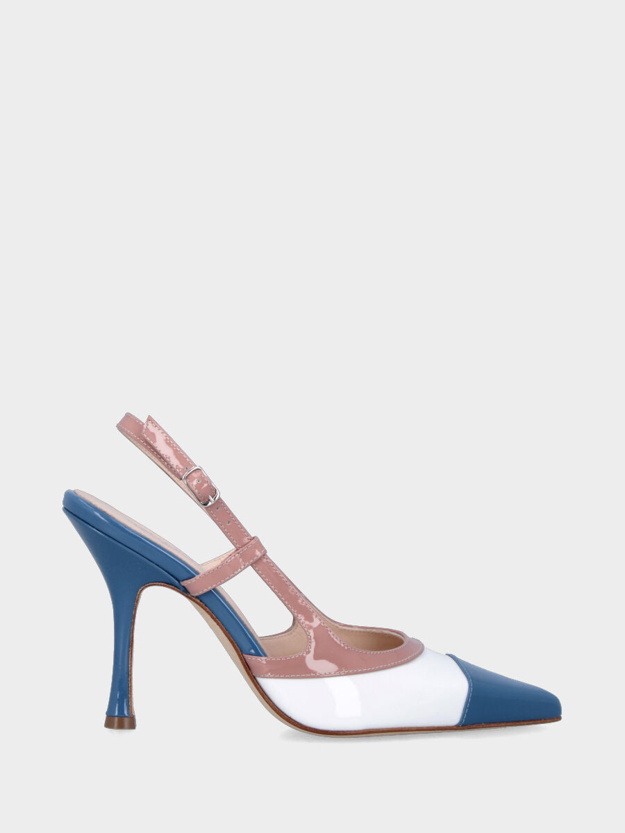 Slingback in vernice bianca e azzurra con profili beige e tacco a calice