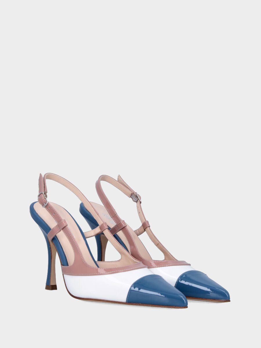 Slingback in vernice bianca e azzurra con profili beige e tacco a calice