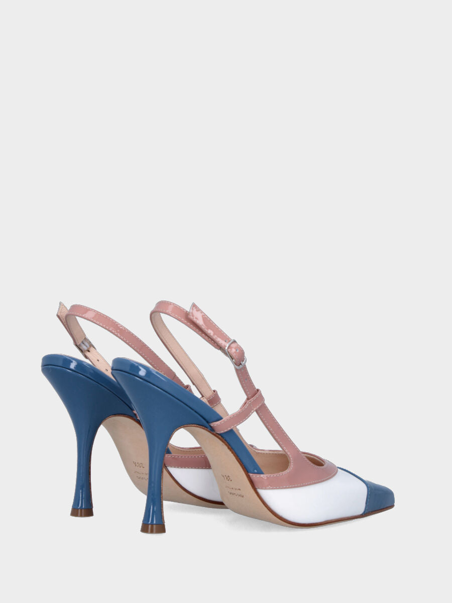 Slingback in vernice bianca e azzurra con profili beige e tacco a calice