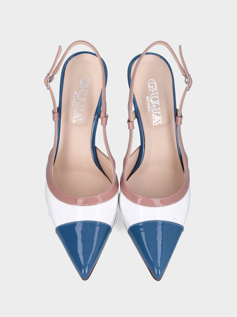Slingback in vernice bianca e azzurra con profili beige e tacco a calice