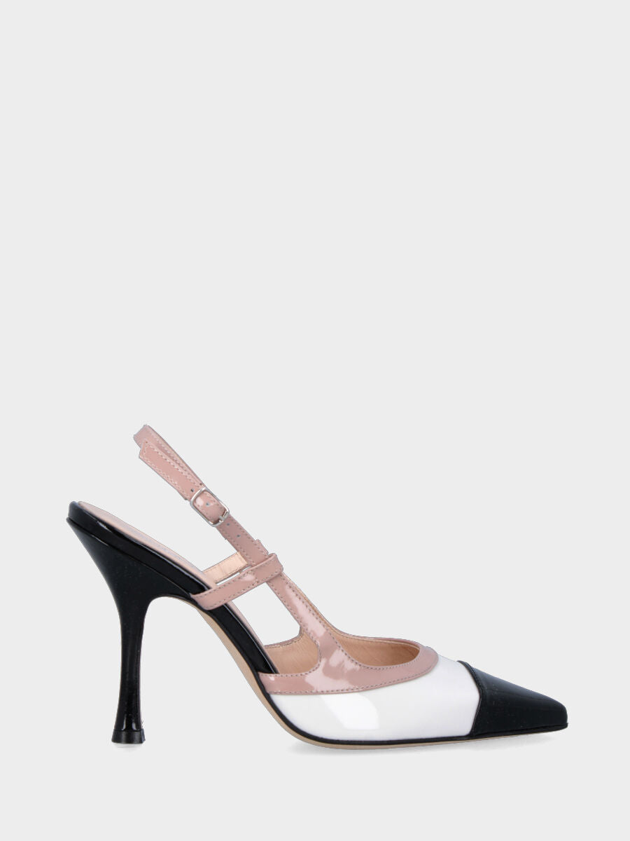 Slingback in vernice bianca e nera con profili beige e tacco a calice