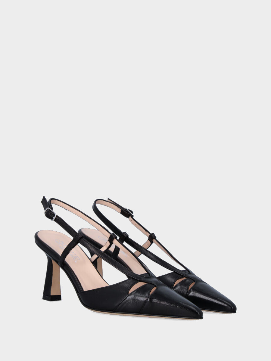 Black nappa slingback with ruffled upper and chalice heel