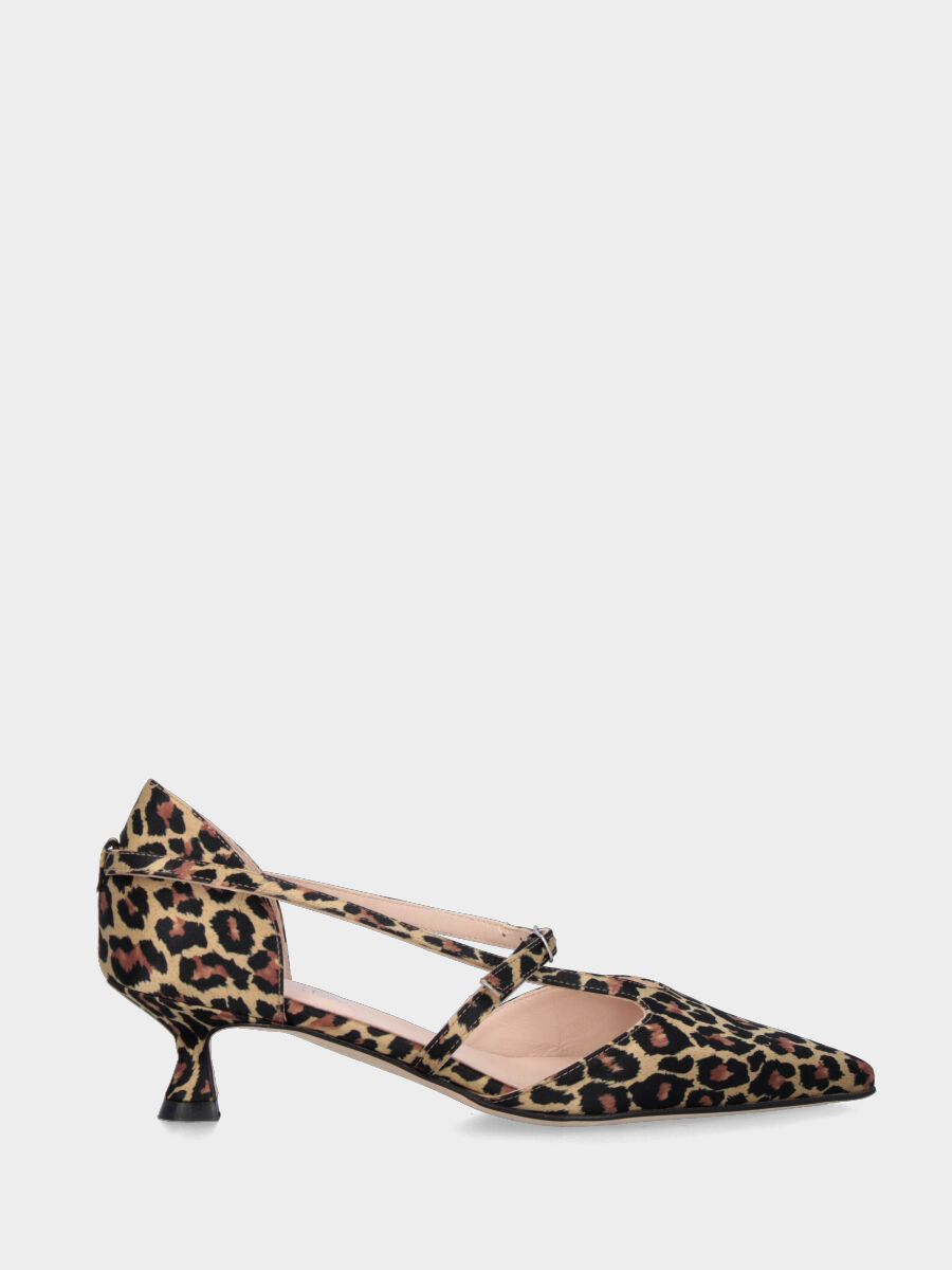 Décolleté in tessuto leopardato con cinturini asimmetrici