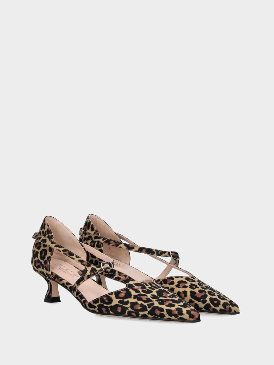 Décolleté in tessuto leopardato con cinturini asimmetrici