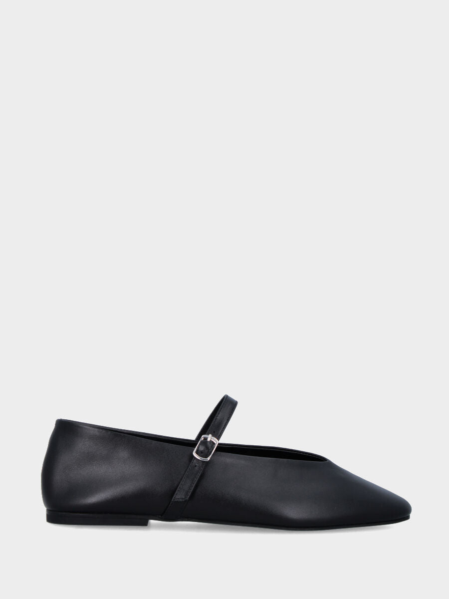 Ballerina Mary Jane in nappa nera con cinturino e tacco flat
