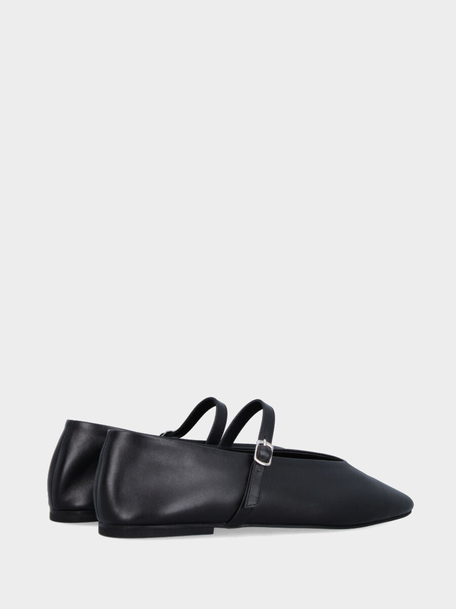 Ballerina Mary Jane in nappa nera con cinturino e tacco flat