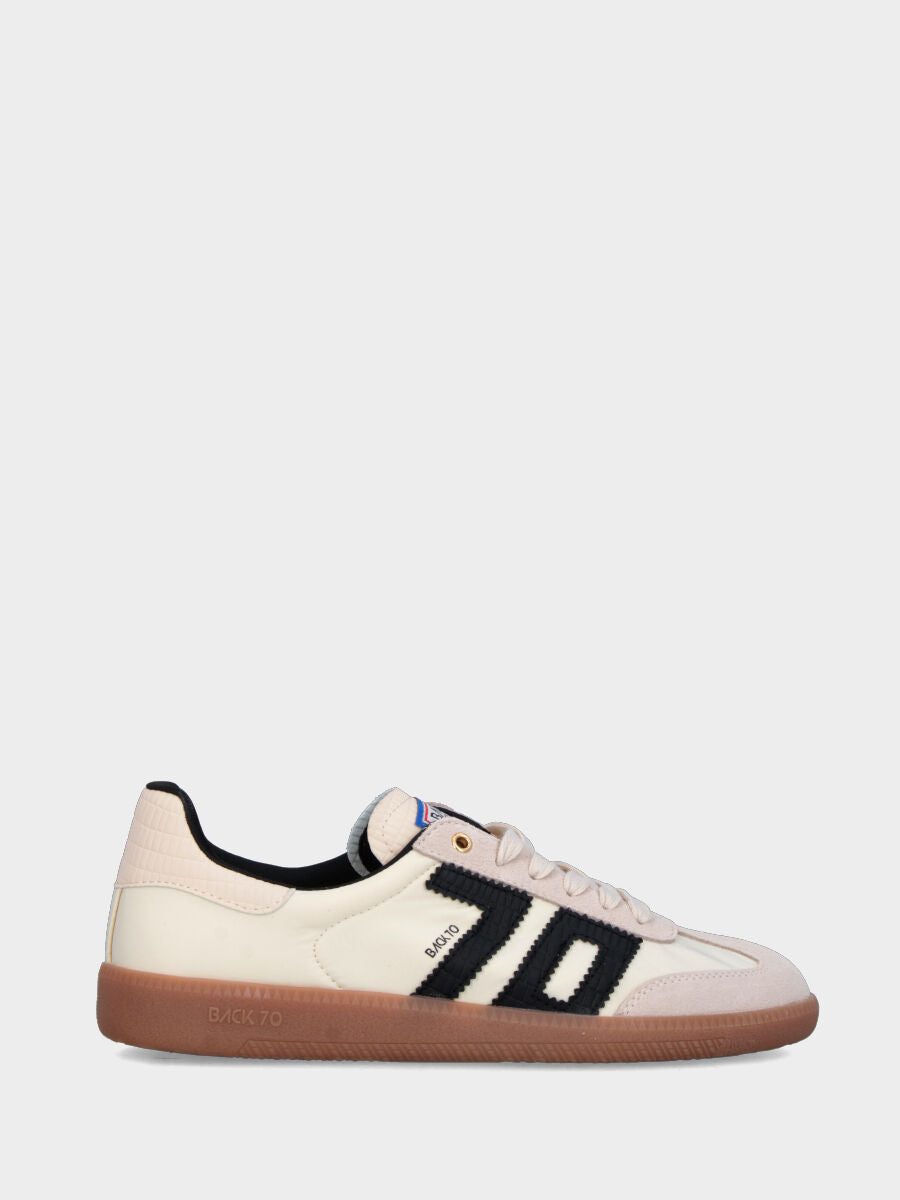 Sneaker in nylon e camoscio beige con dettagli in vitello nero