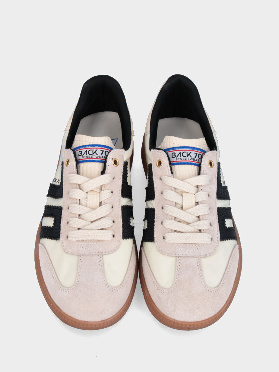 Sneaker in nylon e camoscio beige con dettagli in vitello nero